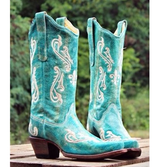 Corral-Turquoise Cortez/Cream Aged Leather Snip Toe Western Boots (Size:7.5) - Picture 10 of 11